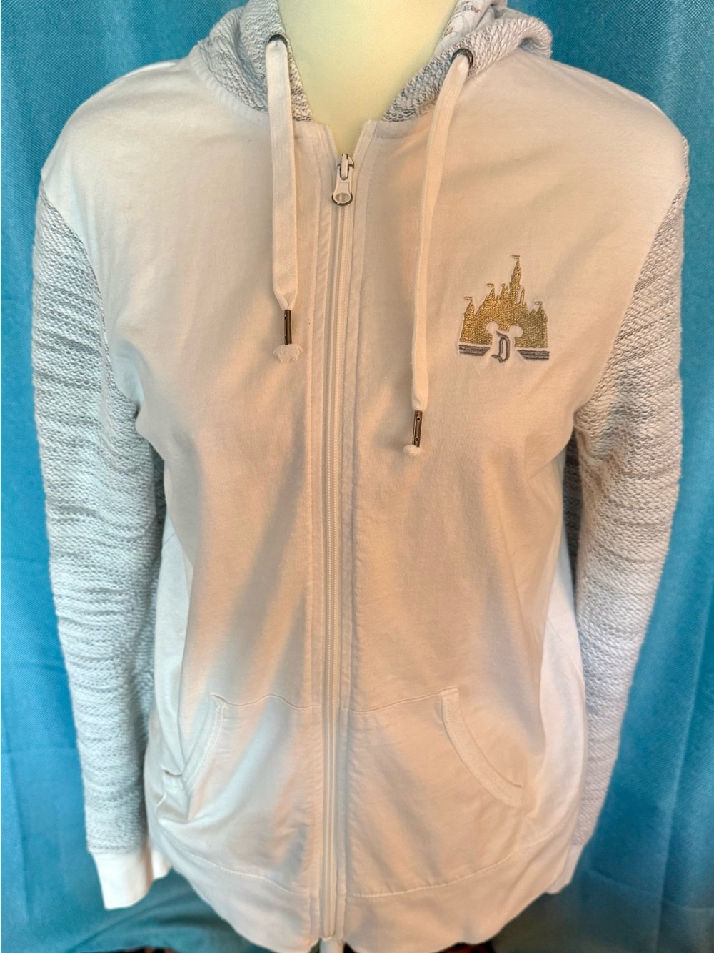 Disney White Silver & Gold  Zip-Up Hoodie with Textured Sleeves and Embroidery